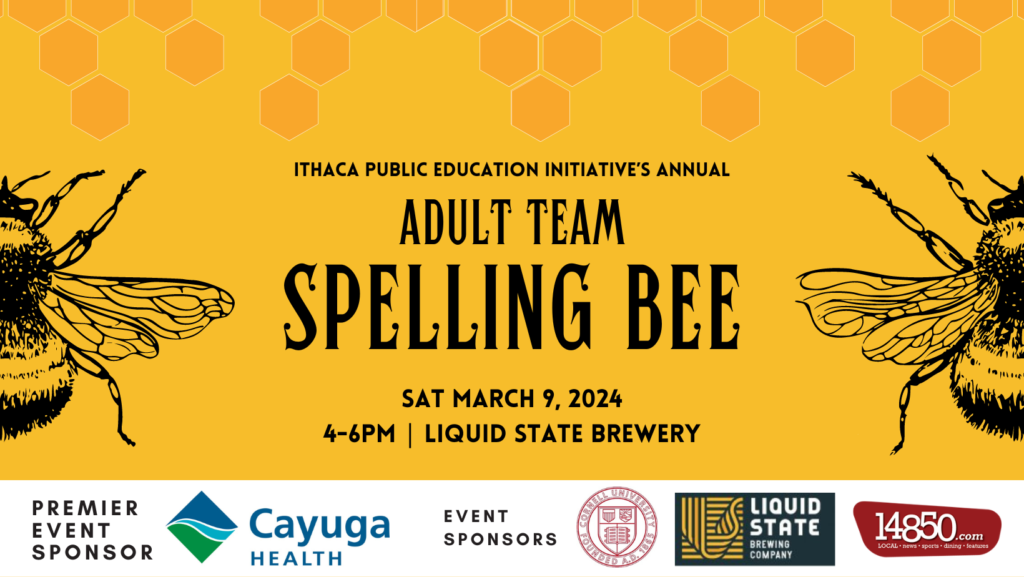 IPEI's adult spelling bee graphic on yellow background with illustrations of bees and sponsor logos